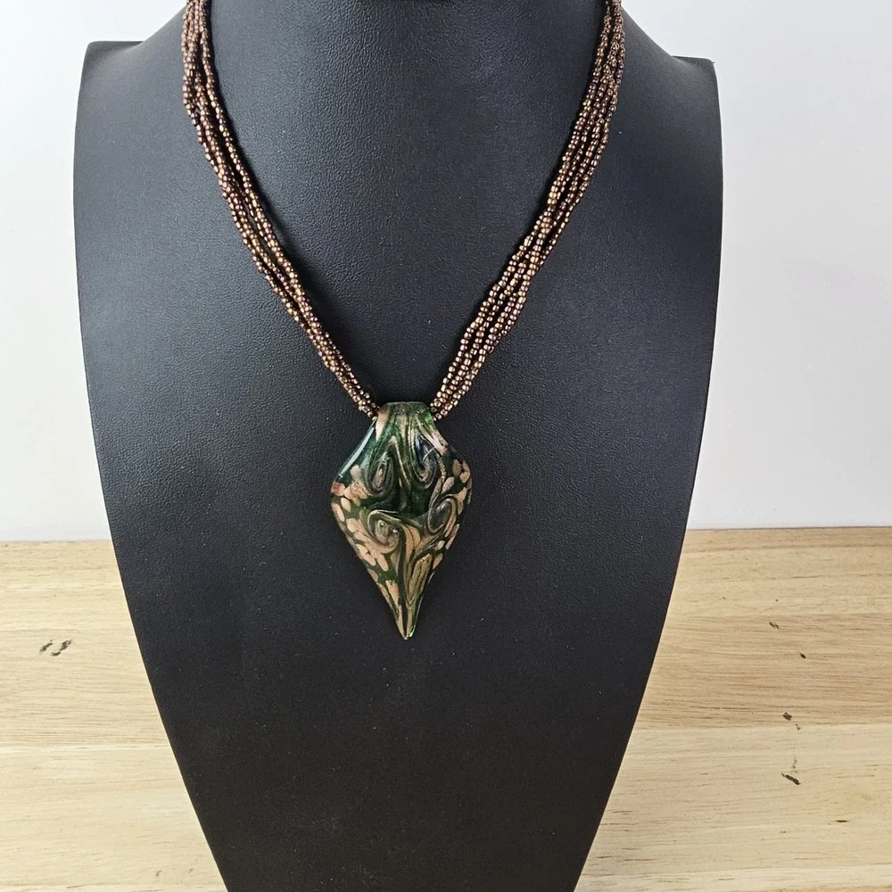 Artisian Glass Leaf Pendant Green Swirl Shimmer Brown‎ Beaded Necklace Bohemian